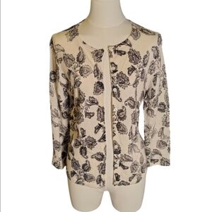 Garnet Hill 100% Merino Wool Cream Cardigan Black Fade Floral Pattern Size Small
